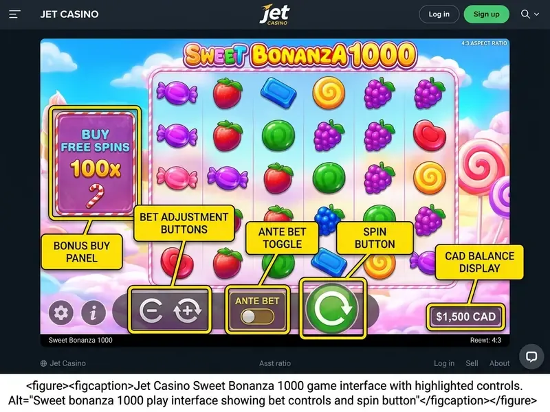 sweet bonanza 1000 play interface showing bet controls and spin button